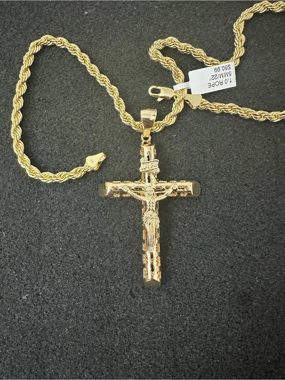 New Gold plated cross Jesus Crucifix Pendant charm with new Rope Chain